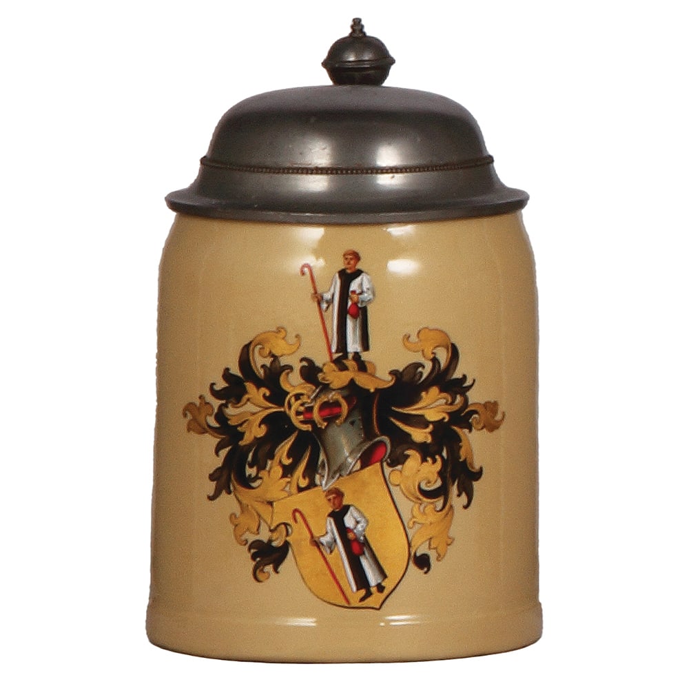 Mettlach stein, .5L, 1526, Possneck thur. u. Heidelberg.: Mettlach stein, .5L, 1526, hand-painted, marked Louis Huth. hpfl. Possneck thur. u. Heidelberg, very fine detail, religious coat-of-arms, pewter lid, mint.