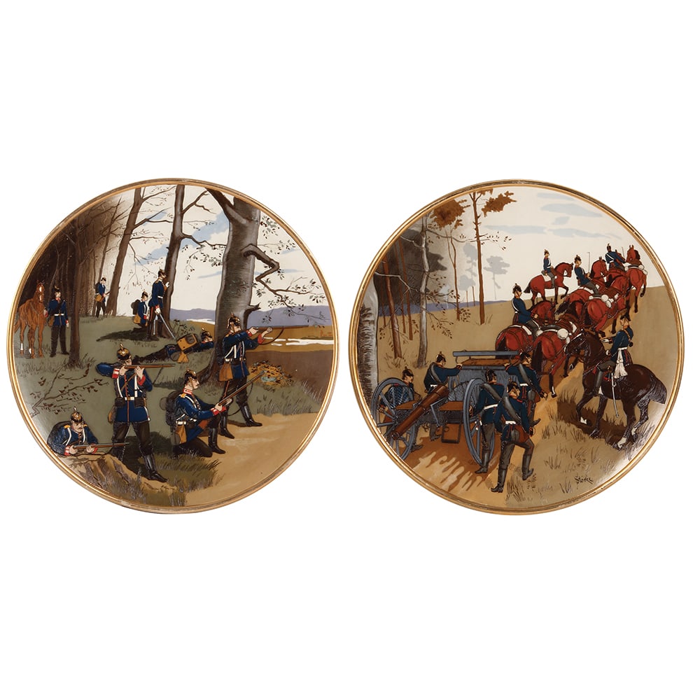 Mettlach plaques, pair, 15.3" d., 2146 & 2147, etched.: Mettlach plaques, pair, 15.3" d., 2146 & 2147, etched, by Stöcke, Infantry & Artillery, both have a little gold wear, otherwise mint.