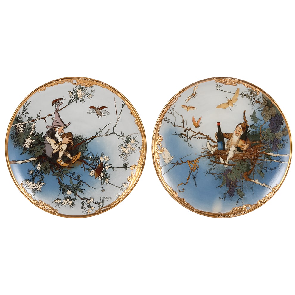 Mettlach plaques, pair, 16.3'' d., 2112 & 2113, etched.: Mettlach plaques, pair, 16.3'' d., 2112 & 2113, etched, by H. Schlitt, very minor gold wear.