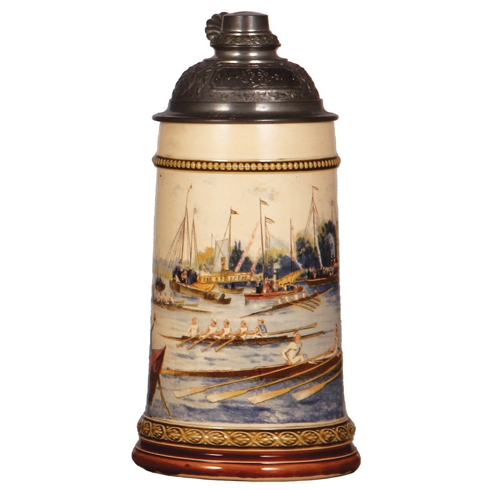 Mettlach stein, .5L, 981[2271], PUG.: Mettlach stein, .5L, 981[2271], PUG, oarsmen race, pewter lid, interior browning, mint.