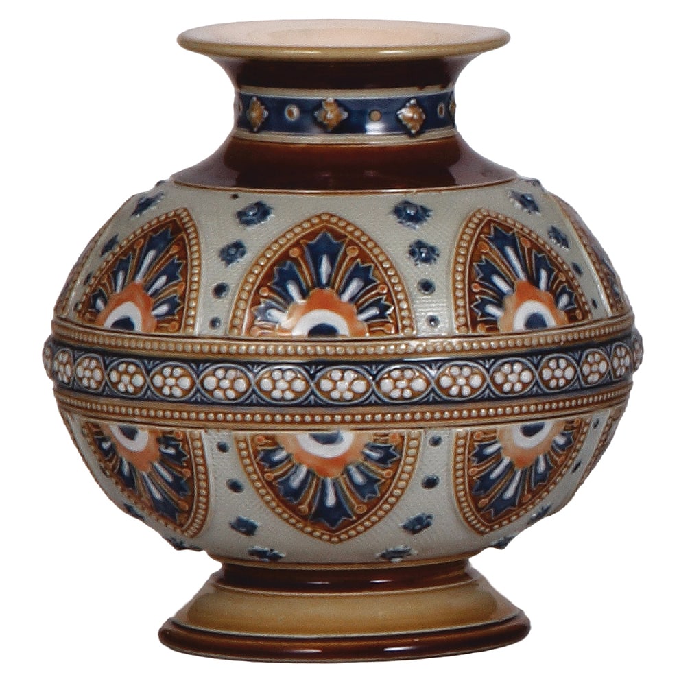 Mettlach vase, 6.0" ht., 1779, mosaic.: Mettlach vase, 6.0" ht., 1779, mosaic, mint.
