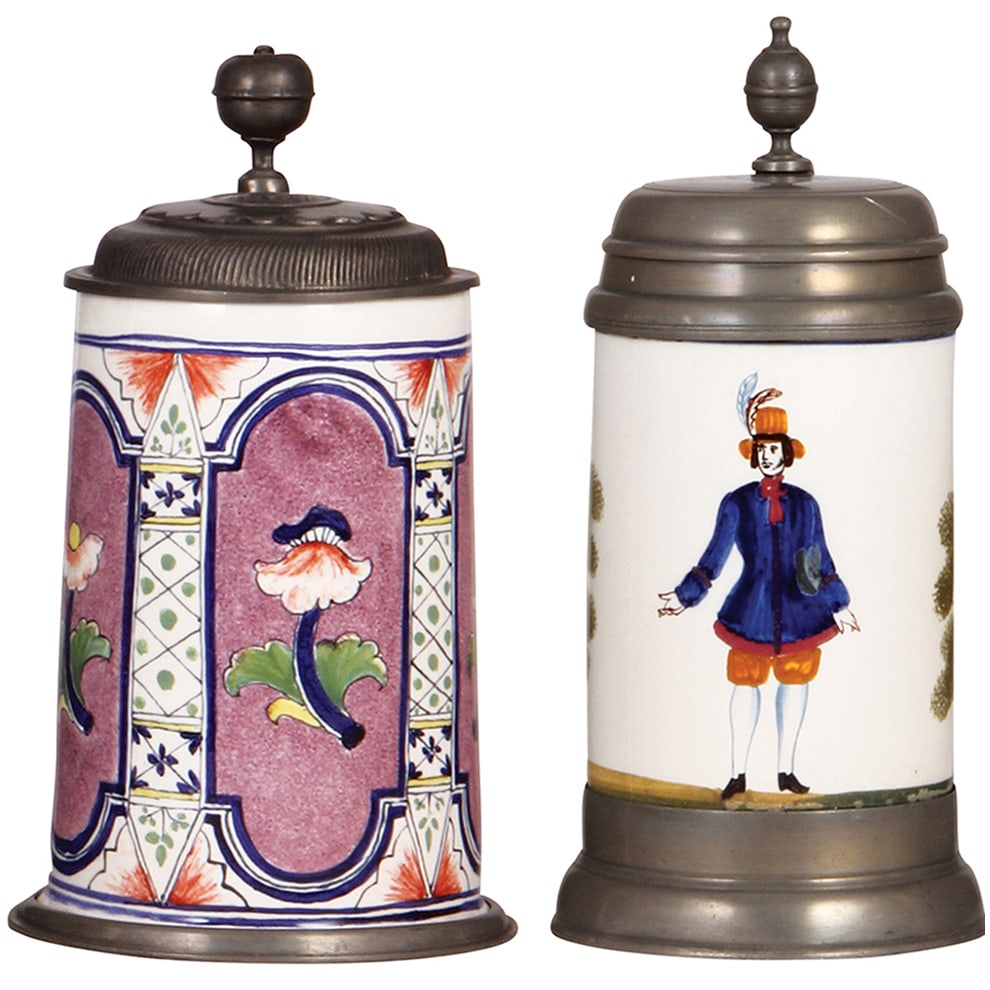 Faience steins, two, 9.5" ht., c.1900, Walzenkrug. (1 of 5)