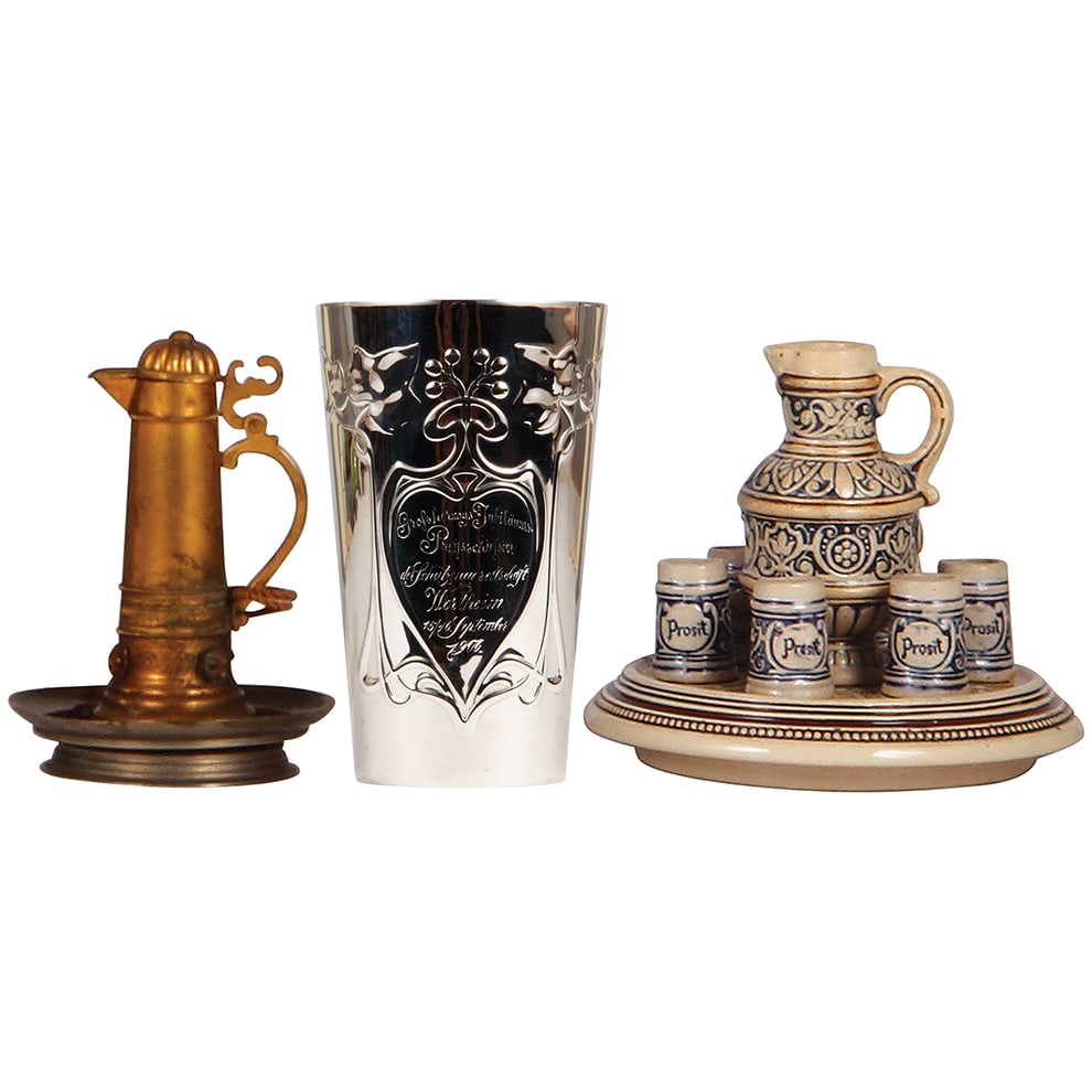 Various items, brass stein, 3.0'' ht ....: Various items, brass stein, 3.0'' ht., connected to tray, mint; with, silver-plated beaker, 4.5'' ht., Grossherzogs Jubiläums Preisschiessen....Wortheim 15./16. September 1906, very good