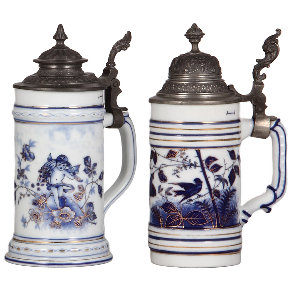 Porcelain steins, two, .5L, both hand-painted.: Porcelain steins, two, .5L, both hand-painted, lithophanes, floral with cherub, gilding, pewter lid; with, .5L, bird & floral, gilding, pewter lid has tear, bodies mint.