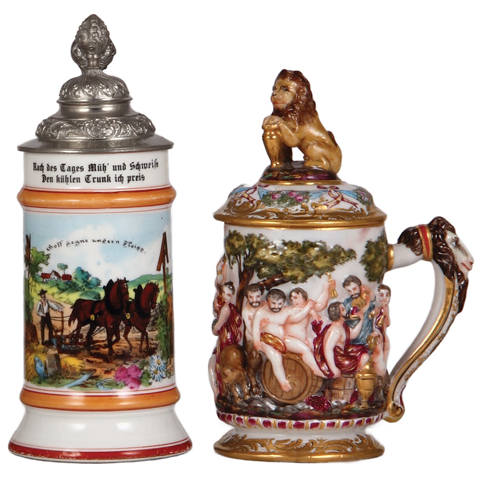 Porcelain steins, two, transfer & hand-painted. (1 of 3)