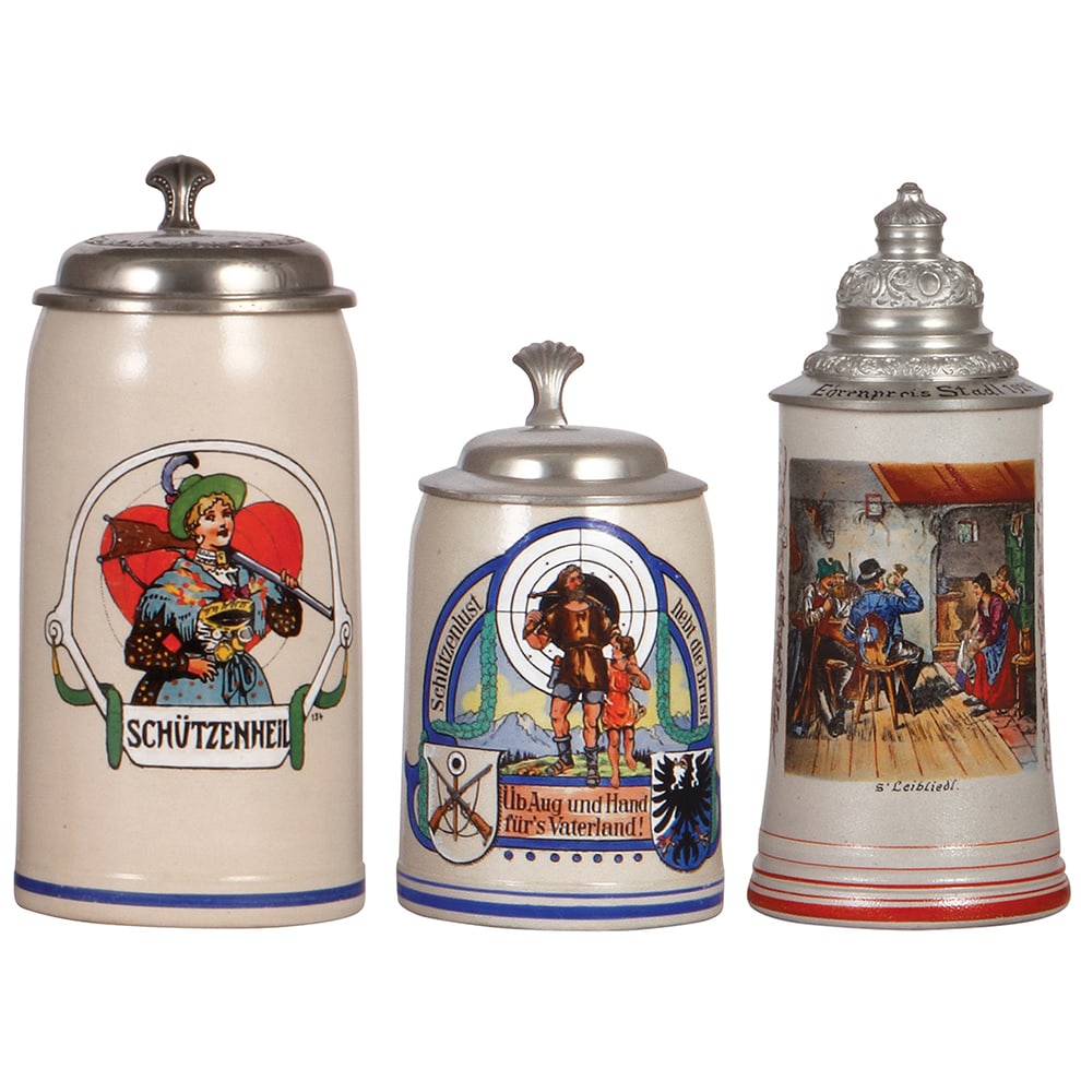 Stoneware steins, three, Schützenhei …..: Stoneware steins, three, 1.0L, transfer & hand-painted, Schützenheil, pewter lid, inscription: Gegeben v. d. Schützengesellschaft Isartaler Kl. Schäftlarn; with, .5L, transfer &