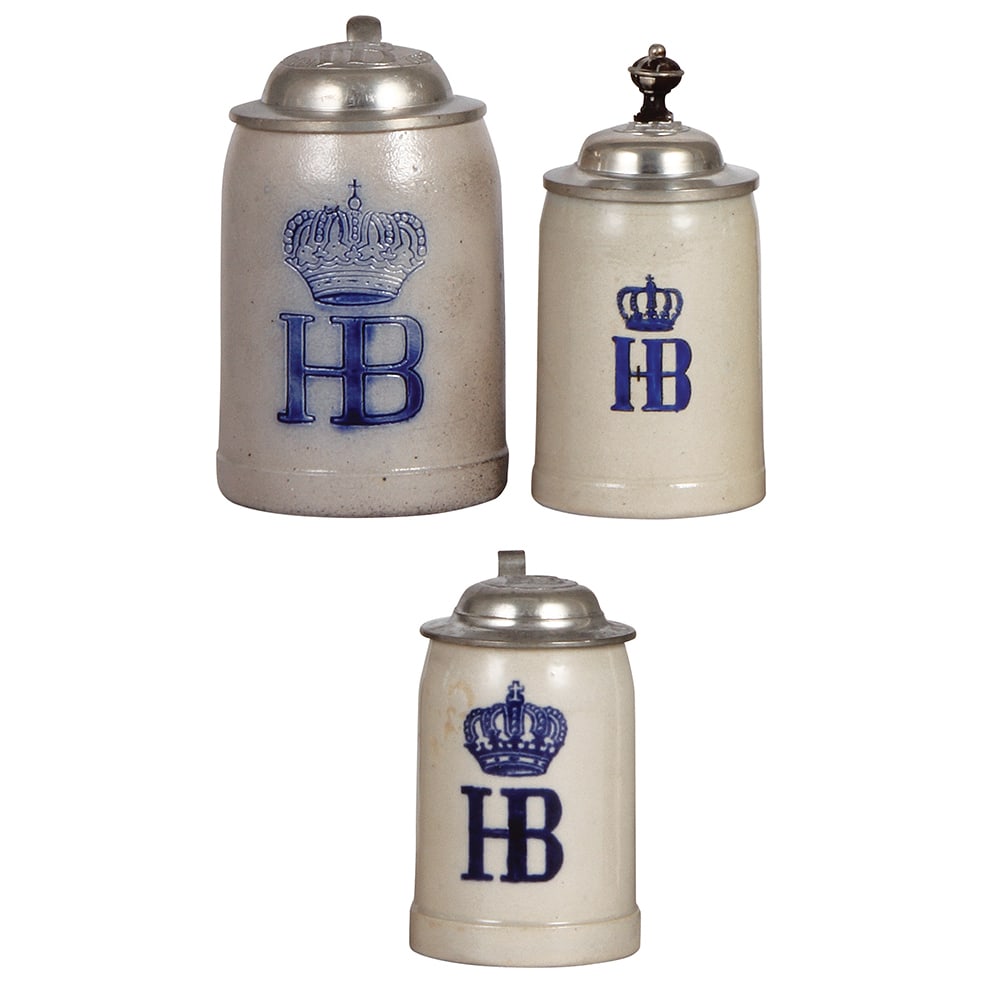 Brewery steins, three, stoneware, HB.: Brewery steins, three, stoneware, 3.9'' ht., incised, HB, relief pewter lid: Kgl. Hof-Bräuhaus München, HB, mint; with, 3.2'' ht., transfer, HB, relief pewter lid: HB, mint; with, 3.7''