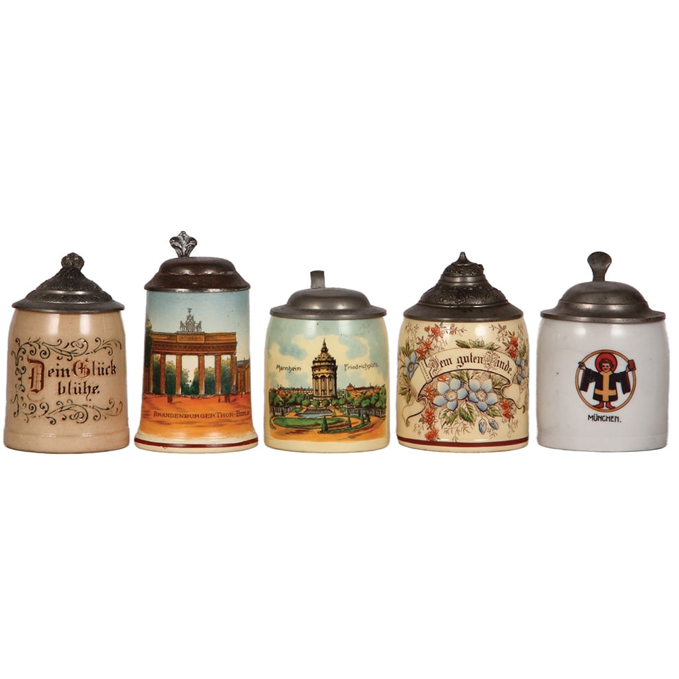 Miniature steins, five, 3.5" to 4.2" ht..: Miniature steins, five, 3.5" to 4.2" ht., all pottery accept last is porcelain, Dein Glück blühe, Brandenburger Thor Berlin, Mannheim Friedrichplatz, Dem guten Kinde, München, all