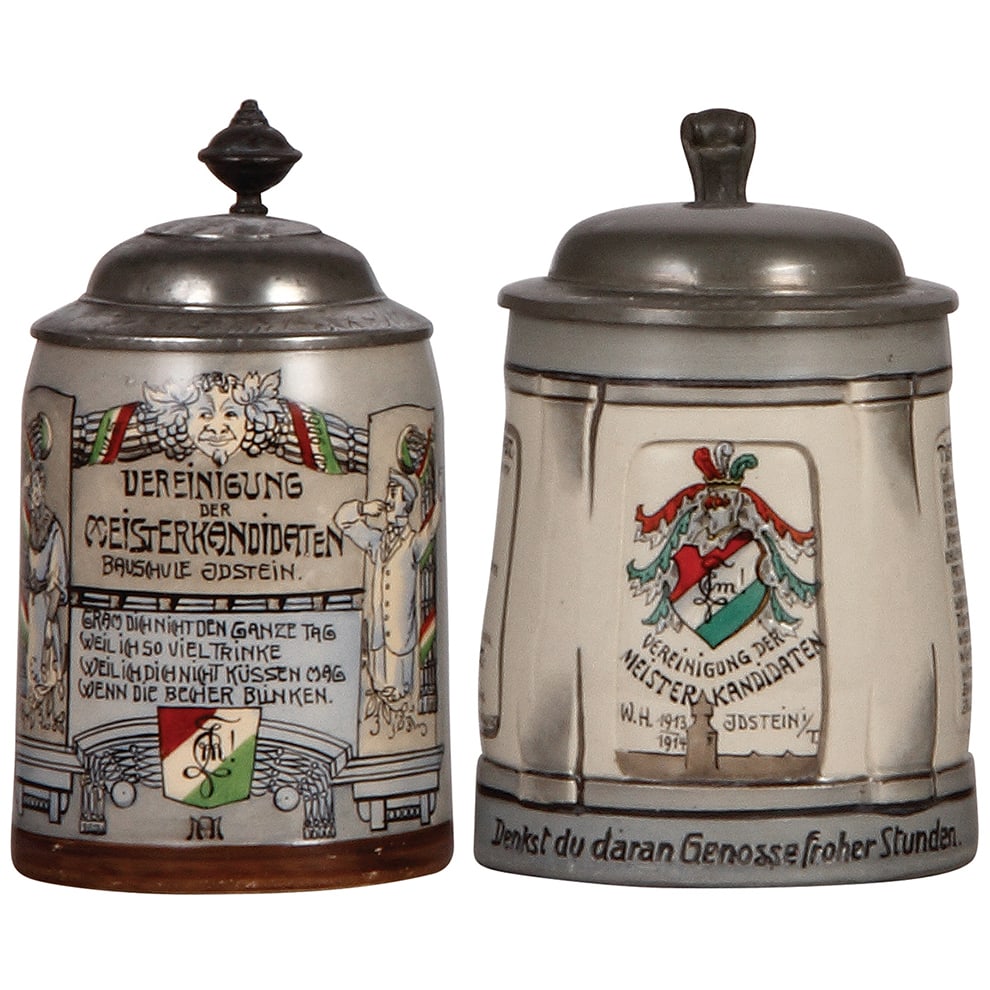 Student steins, two, .5L, pottery.: Student steins, two, .5L, pottery, transfer, Vereinigung Meister Kandidaten Brauschule, Idstein, mint; with, .5L, transfer, Vereinigung der Meister Kandidaten, Idstein, 1913 - 1914, small shallow chip