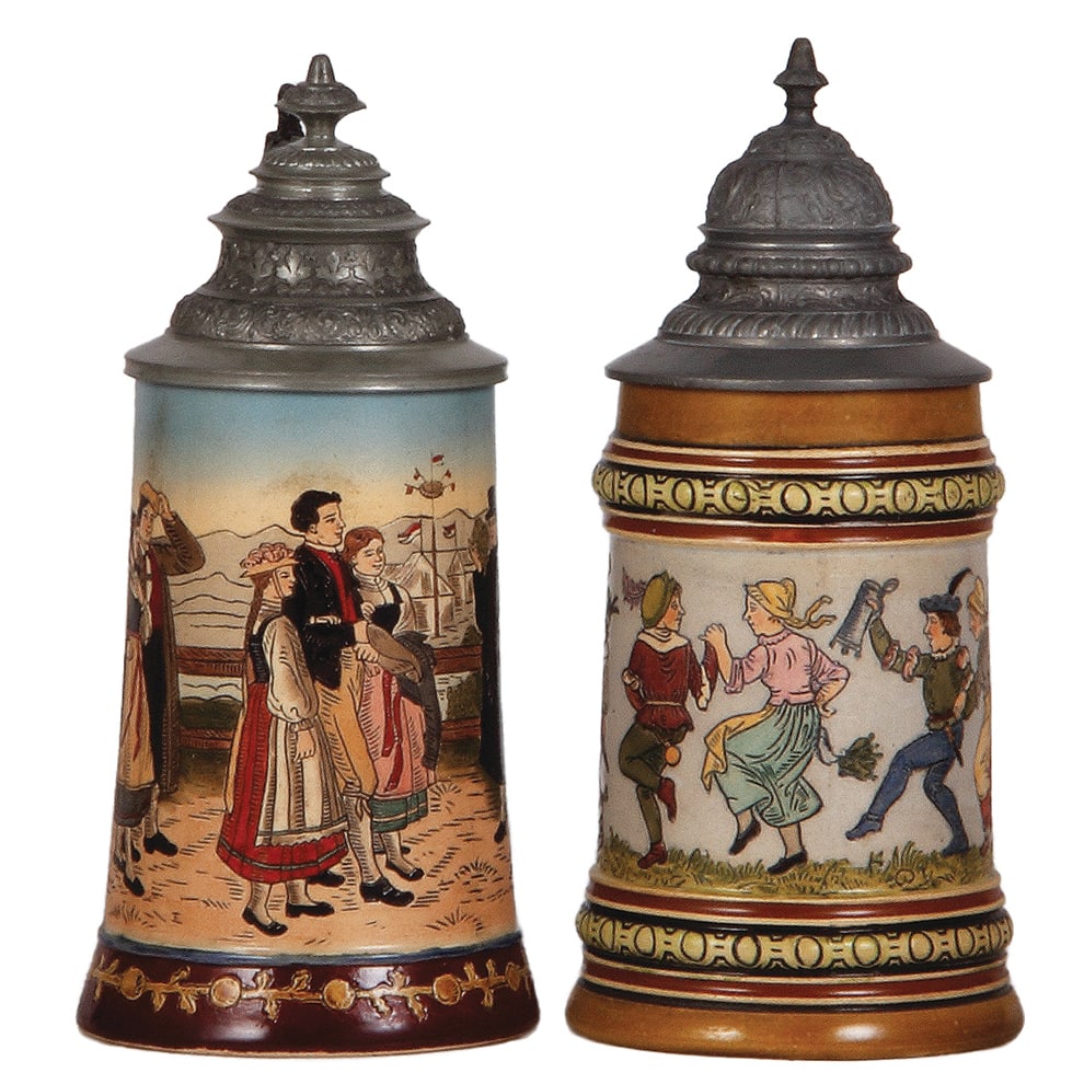 Hauber & Reuther steins, two, .5L.: Pottery steins, two, .5L, etched, marked H.R., 154, by Hauber & Reuther, pewter lid, mint; with, .5L, etched, marked H.R., 406, by Hauber & Reuther, pewter lid, mint.