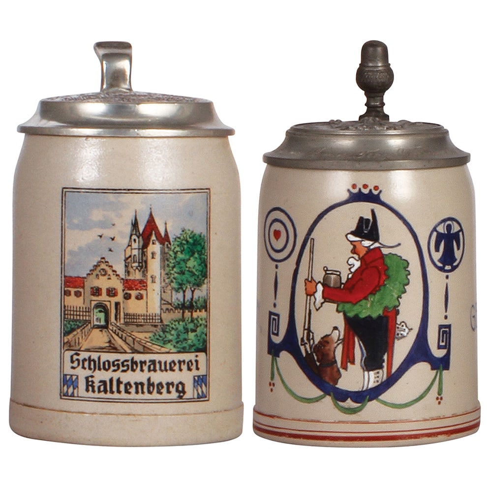 Stoneware steins, two, .5L, Schlossbrauerei & Brau Geschossen.: Stoneware steins, two, .5L, transfer, Schlossbrauerei, Kaltenberg, pewter lid, mint; with, .5L, transfer & hand-painted, by F. Quidenus, Brau Geschossen - Brau Genossen, relief pewter lid with inscrip