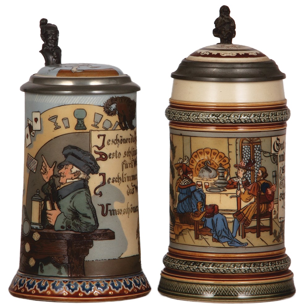 Mettlach steins, two, .5L, 2090 & .5L, 2005.: Mettlach steins, two, .5L, 2090, etched, by H. Schlitt, man smoking, inlaid lid, mint; with, .5L, 2005, etched, by H.D., Gut essen, inlaid lid, hairline.