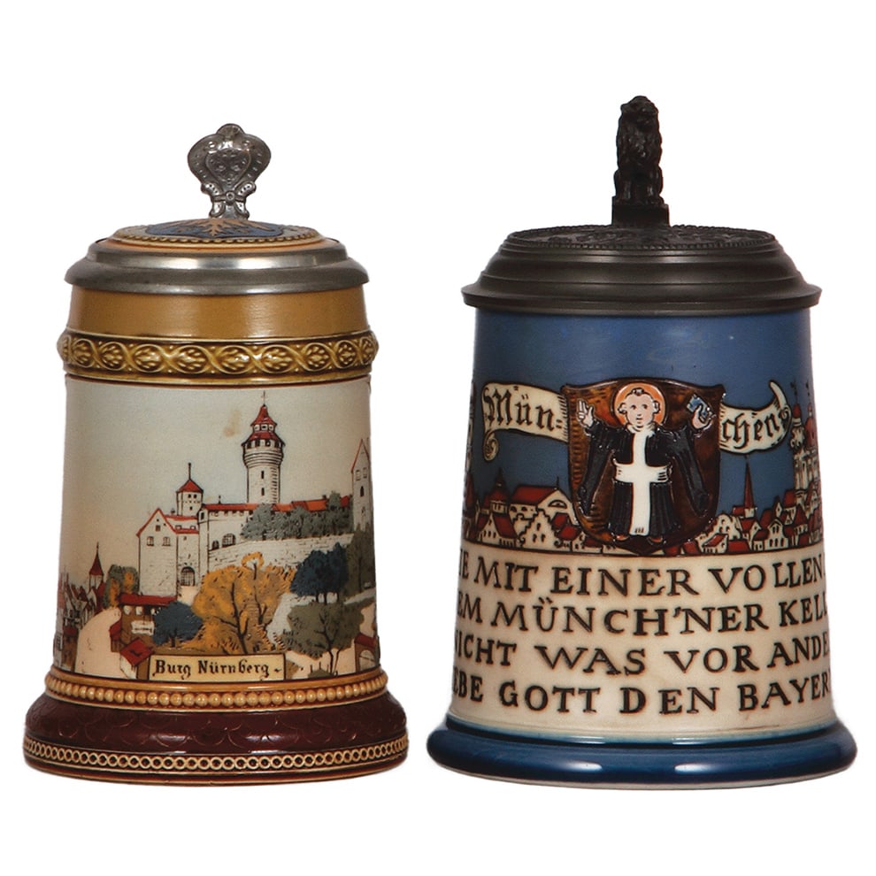 Mettlach steins, two, .3L, 2277 & .5L, 2002.: Mettlach steins, two, .3L, 2277, etched, Burg Nürnberg, inlaid lid, mint; with, .5L, 2002, etched, original relief pewter lid of the Hofbräuhaus, mint.