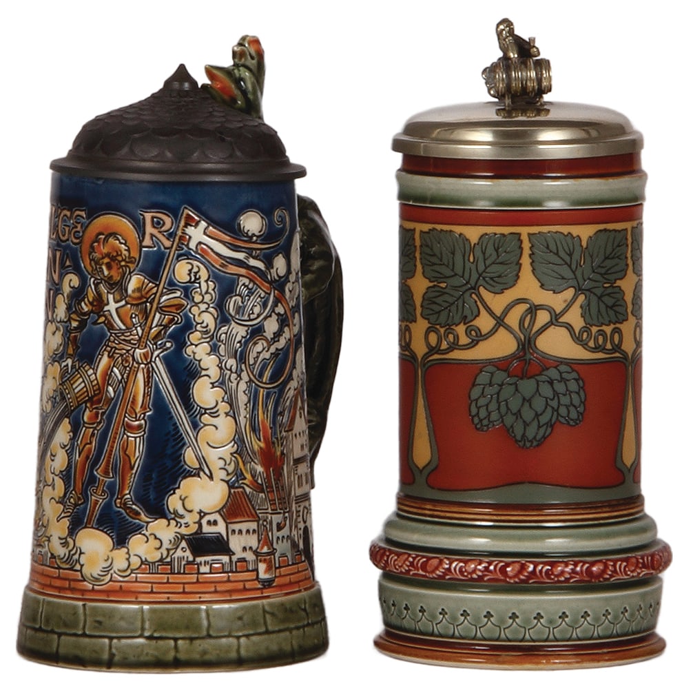 Mettlach steins, two, .5L, 1786 & .5L, 2800.: Mettlach steins, two, .5L, 1786, etched, by Otto Hupp, Sangt Florian, pewter, dragon head repaired; with, .5L, 2800, etched, Art Nouveau, silver-plated lid, mint.