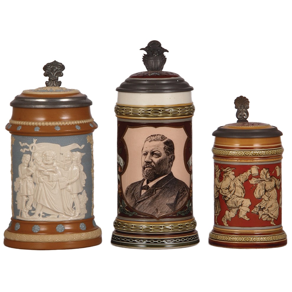 Mettlach steins, three, .5L, 202 & .5L, 1997.: Mettlach steins, three, .5L, 202, relief, inlaid lid; with, .5L, 1997, etched & PUG, Ehret Brewery, inlaid lid; with, .3L, 2057, etched, all mint.