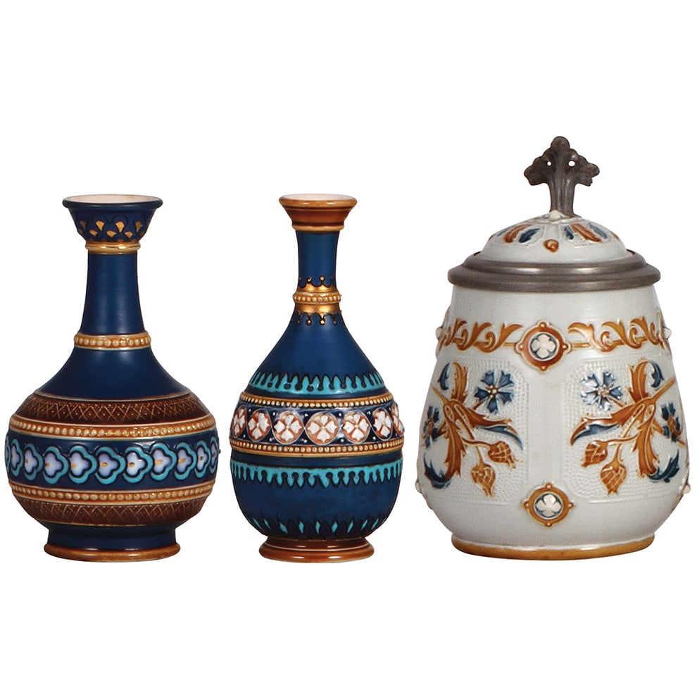 Mettlach items, three, vase, 1629 &1636 & stein, .25L, 1802. (1 of 5)