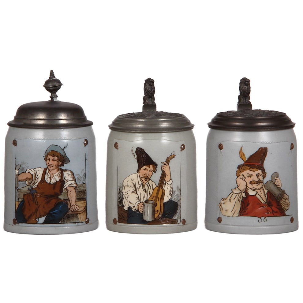 Mettlach steins, three, 1662, 1645, 1648, etched, tapestry.: Mettlach steins, three, 1662, 1645, 1648, etched, tapestry, by C. Warth, all have pewter lids, two with relief scenes, mint.