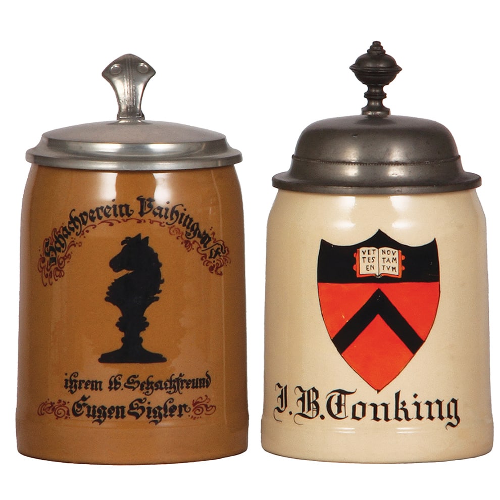 Mettlach steins, two, .5L, 1526, Schachverein, & 1526, Princeton University.: Mettlach steins, two, .5L, 1526, hand-painted, Schachverein, Vaihingen/F., named to: Eugen Siüler, pewter lid, mint; with, .5L, 1526, hand-painted, marked Budde & Westermann, New York, Princeton