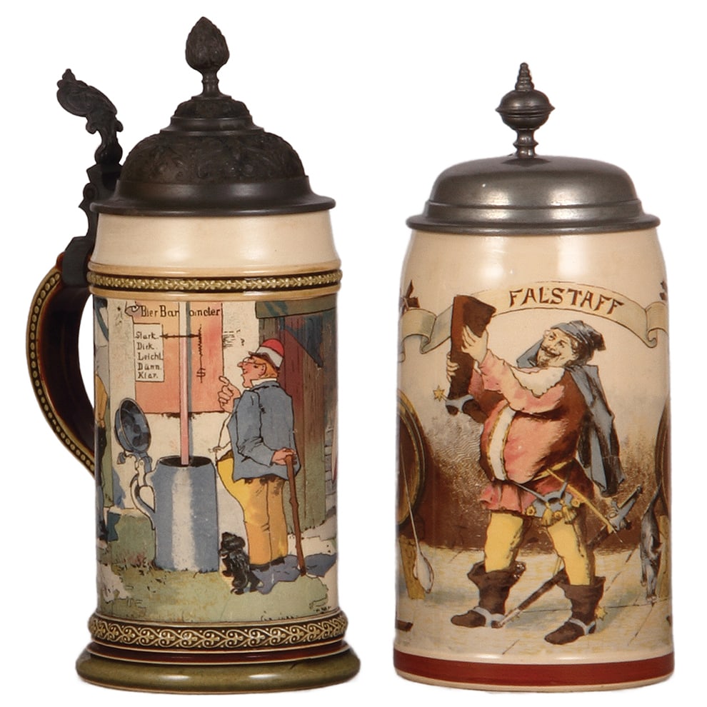 Mettlach steins, two, .5L, 941[2140], & 983[1909].: Mettlach steins, two, .5L, 941[2140], PUG, pewter lid, mint; with, .5L, 983[1909], PUG, Falstaff, pewter lid, mint.