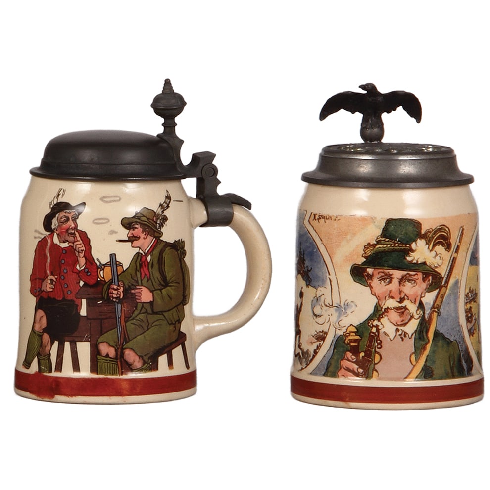 Mettlach steins, two, .5L, 1282[1526], & 1.0L, 1076[1526].: Mettlach steins, two, .5L, 1282[1526], PUG, Jäger & man smoking, pewter lid, mint; with, 1.0L, 1076[1526], PUG, by H. Schlitt, Jäger, relief pewter lid, mint.