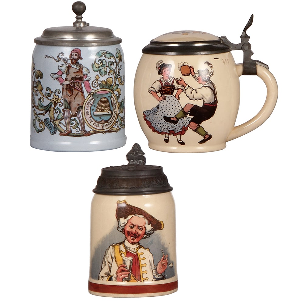 Mettlach steins, three, .5L, 663(1526) & 1280 (3185) & 1145(1526).: Mettlach steins, three, .5L, 663(1526), PUG, Beekeeper, pewter lid, interior browning, otherwise mint; with, .5L, 1280 (3185), PUG, inlaid lid, mint; with, .5L, 1145(1526), PUG, relief pewter lid,