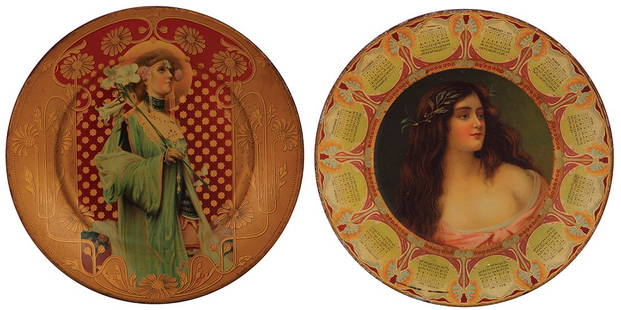 Four Dresden Royal Saxony & Vienna Art Plates: Four Dresden, Royal Saxony & Vienna Art Plates advertising trays, 12.0'' d., all have ladies, 1910 & 1913 calendars, Art Nouveau, Schott Bros. Fraser Mich. on rear, another has F.D. Gardner St. Louis