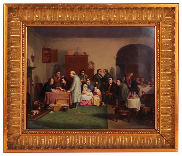 KPM porcelain plaque, The Tax Collector: KPM porcelain plaque, 10.0'' x 12.2'', 13.7'' x 16.0'' with frame, marked K.P.M., The Tax Collector, excellent condition