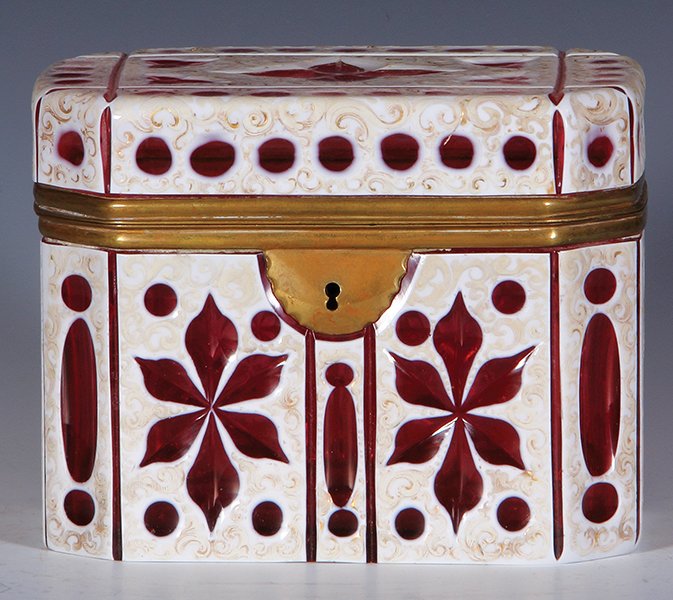 Glass jewelry box, white on ruby overlay (1 of 3)