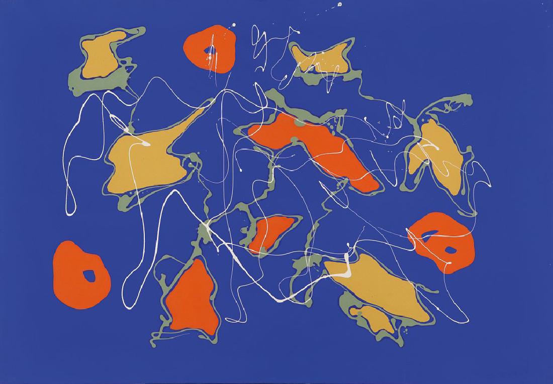 GIULIO TURCATO (1912-1995) Composizione: GIULIO TURCATO (1912-1995) Composizione (Fondo Blu) 1972 acrilico su tela cm 70x100 firmato sul retro Archivio Giulio Turcato N.ME160625EP01GA sul retro: timbro ed etichetta dello Studio Mirabello, Mi