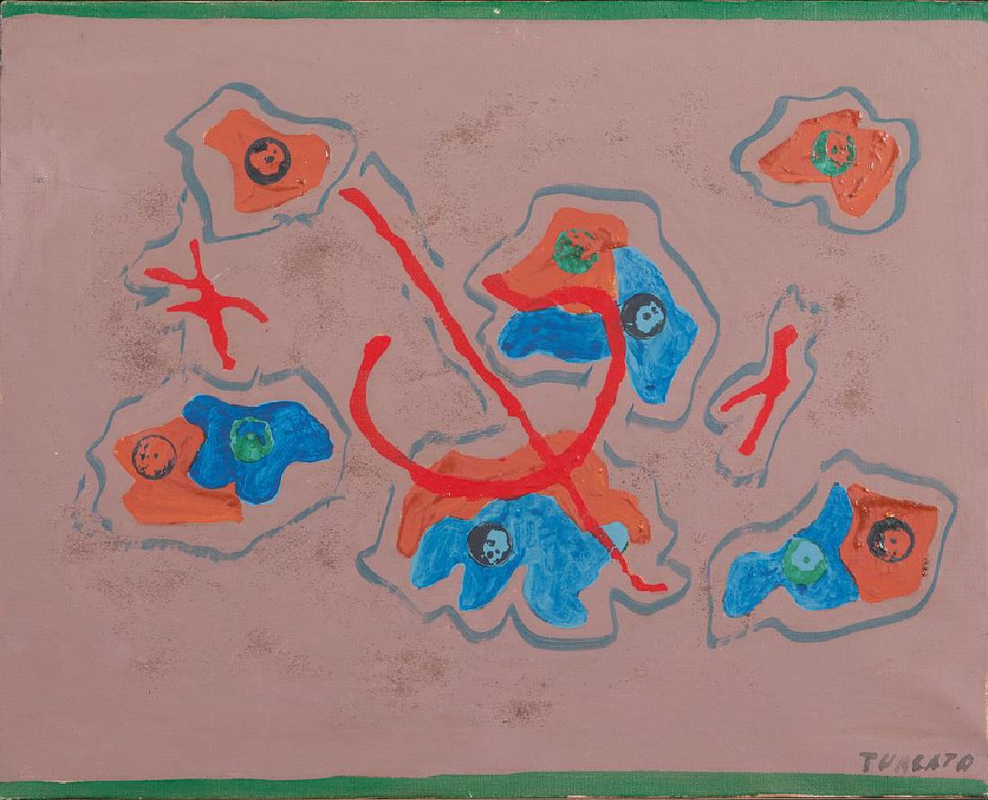 GIULIO TURCATO (1912-1995) Timbri: GIULIO TURCATO (1912-1995) Timbri 1963-1964 olio e tecnica mista su tela cm 40x50 firmato in basso a destra sul retro: etichetta della Fiera Internazionale di Arte Contemporanea, Bari 1983 autentica d