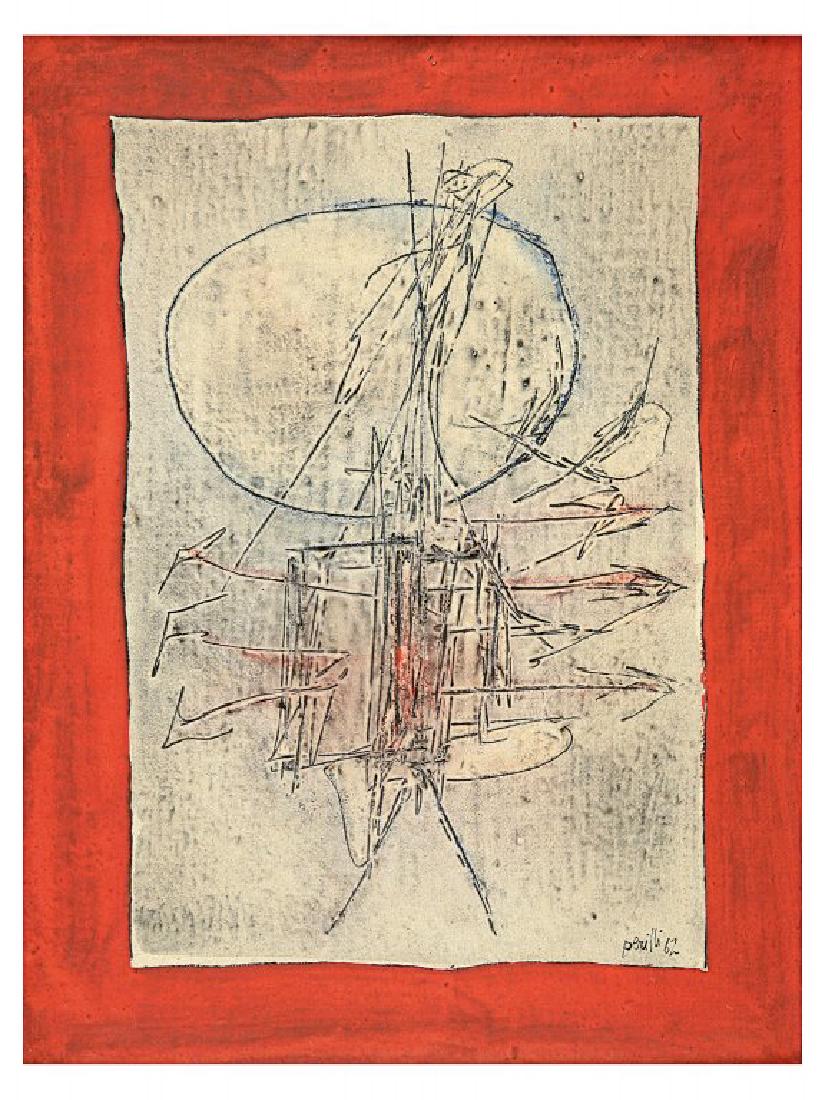 ACHILLE PERILLI (1927-) La parte del diavolo: ACHILLE PERILLI (1927-) La parte del diavolo 1962 tecnica mista su tela cm 40x30 firmato e datato in basso a destra firmato, datato e titolato sul retro autentica dell'artista su foto L'opera sarÃ
