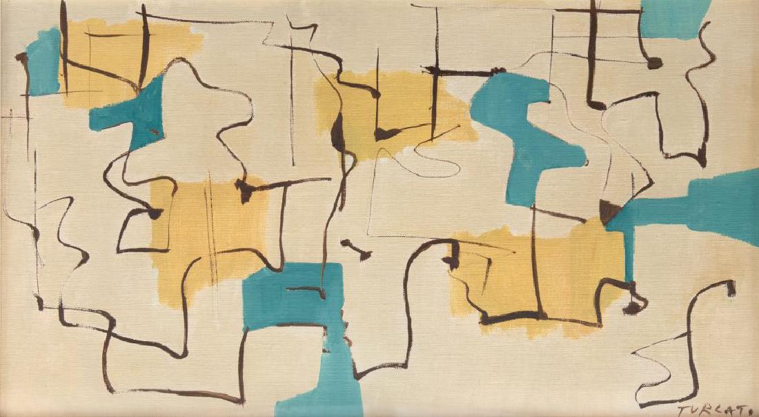 GIULIO TURCATO (1912-1995) Composizione: GIULIO TURCATO (1912-1995) Composizione 1954-1955 olio su tela cm 38x66 firmato in basso a destra autentica su foto dell'Archivio Giulio Turcato N.EZ212530SP04SA Composizione 1954-1955 oil on canvas 1