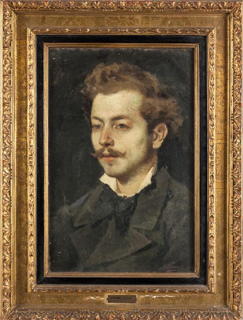 GAETANO PREVIATI (1852-1920) Ritratto olio: GAETANO PREVIATI (1852-1920) Ritratto olio su cartoncino cm.34x52 f.to in b. a ds.
