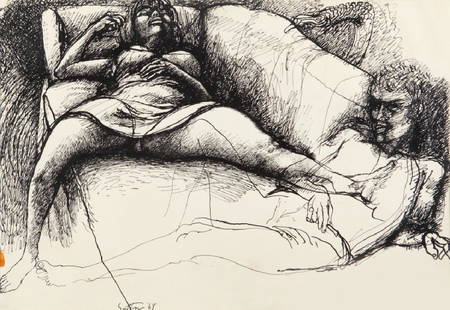 RENATO GUTTUSO (1912-1987) Due Figure: RENATO GUTTUSO (1912-1987) Due Figure 1968 disegno a inchiostro su carta cm 36x51 firmato e datato in basso a sinistra sul retro: etichetta della Galleria Don Chisciotte, Roma sul retro: timbri della