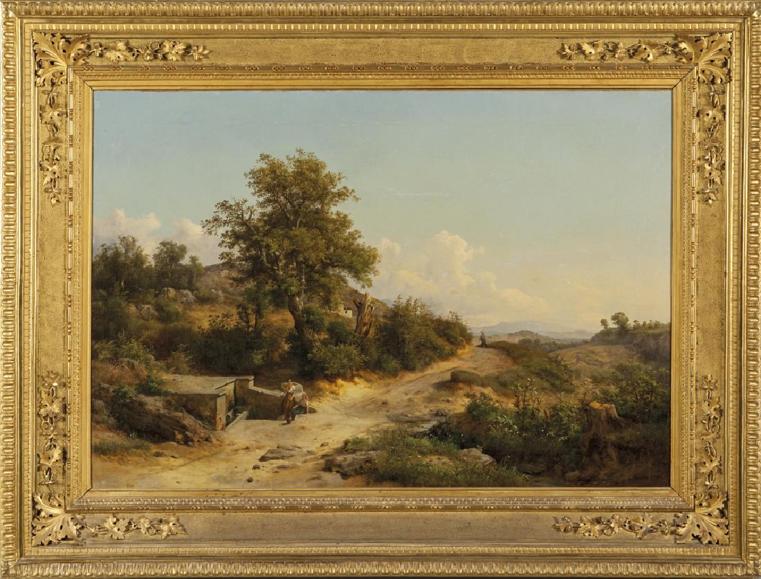 CARLO MARKO' (1822-1891) Fonte Santa a San: CARLO MARKO' (1822-1891) Fonte Santa a San Donato in Poggio a Firenze olio cm.116x81 f.to in b. a ds. splendida cornice in legno intagliato e dorato