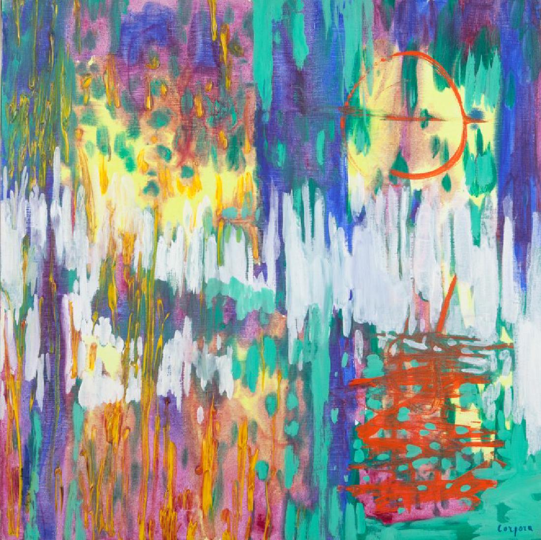 ANTONIO CORPORA (1909-2004) La giostra: ANTONIO CORPORA (1909-2004) La giostra 1988 acrilico su tela cm 100x100 firmato in basso a destra firmato, datato e titolato sul retro provenienza: Collezione privata, Roma La giostra 1988 acrylic on