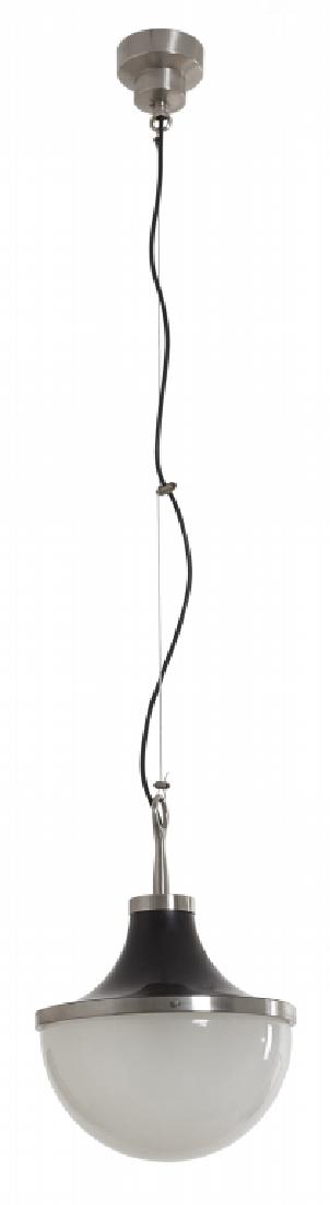 SERGIO MAZZA Una lampada a sospensione 'Pi: SERGIO MAZZA Una lampada a sospensione 'Pi cavo' per ARTEMIDE, 1962 Ottone nichelato, alluminio laccato, vetro smerigliato. Altezza diffusore cm 34, diametro cm 25. Letteratura: Domus 399 (febbraio 19
