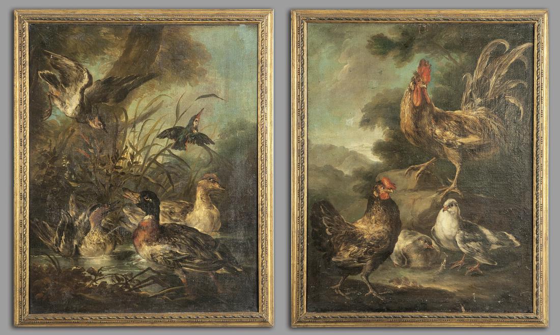 Angelo Maria CRIVELLI detto IL CRIVELLONE: Angelo Maria CRIVELLI detto IL CRIVELLONE (-1730) "Volatili di palude" e "Volatili da cortile" coppia di olii cm. 73x93