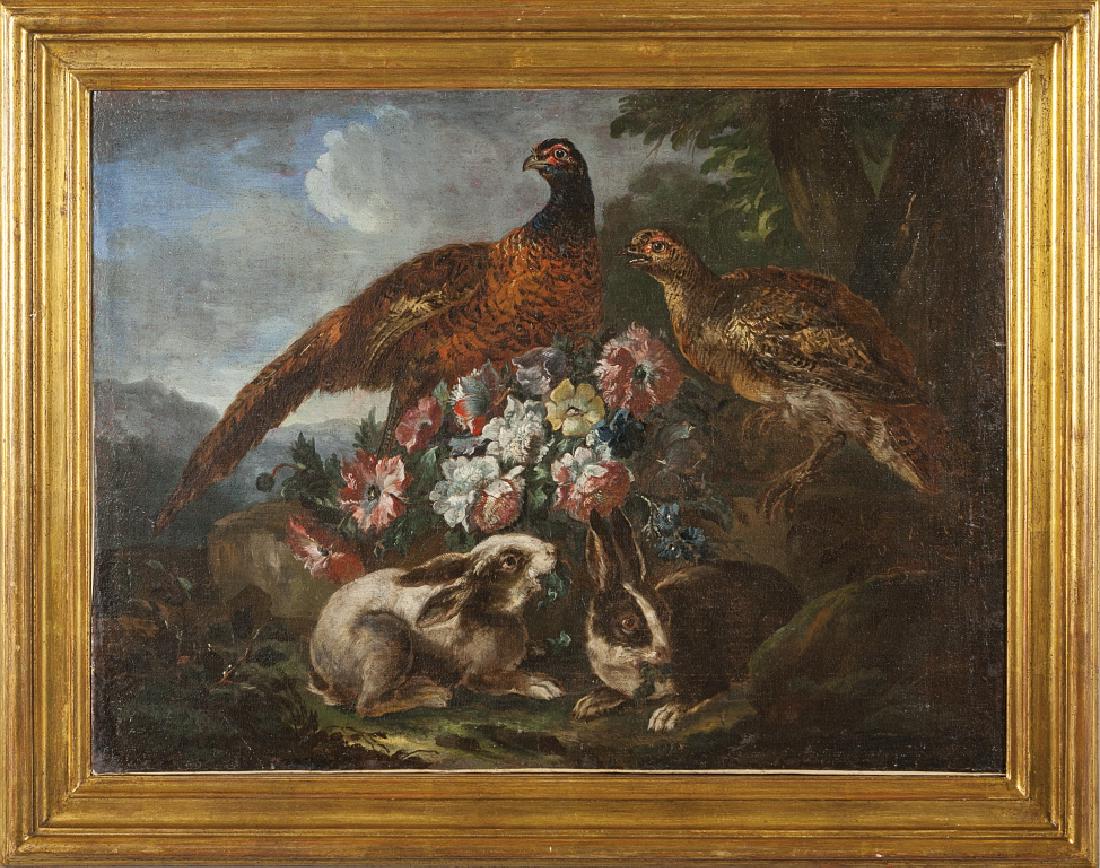 CRIVELLI GIOVANNI (1690-1760) "Natura in posa: CRIVELLI GIOVANNI (1690-1760) "Natura in posa con fagiani e conigli" olio cm. 97x72,5 comunicazione scritta professor Federico Arisi