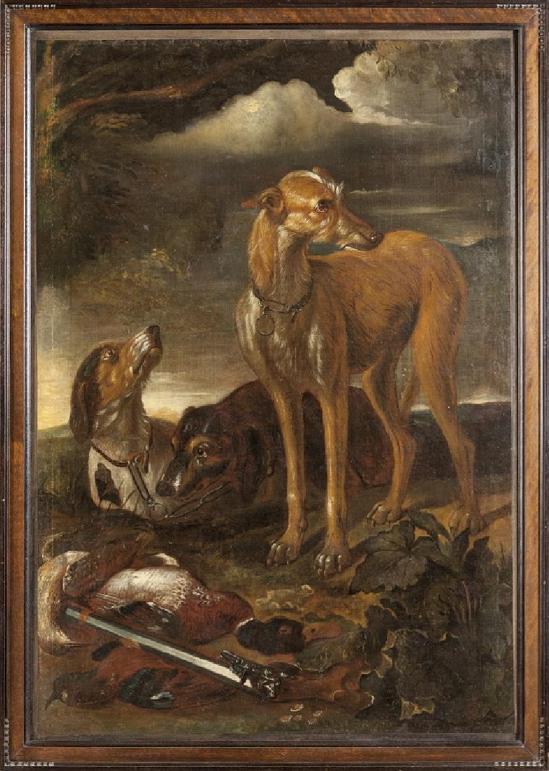 CRIVELLI GIOVANNI (1690-1760) "Cani da: CRIVELLI GIOVANNI (1690-1760) "Cani da caccia" olio cm. 83x120
