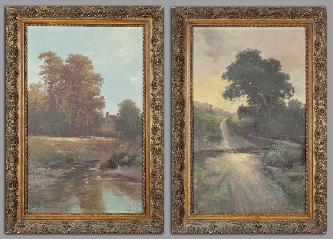 HENRY MARKO' (1855-1921) Case lungo il: HENRY MARKO' (1855-1921) Case lungo il fiume coppia di olii cm.57x96 f.ti in b. a s.