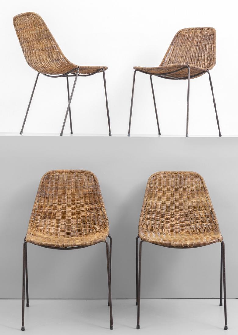 FRANCO CAMPO, CARLO GRAFFI Quattro sedie: FRANCO CAMPO, CARLO GRAFFI Quattro sedie impilabili 'Basket' per HOME, 1956. Ferro verniciato, midollino. Difetti. Altezza cm 76, larghezza 44, profonditÃ 60. Letteratura: Domus 315 (febbraio 1956)