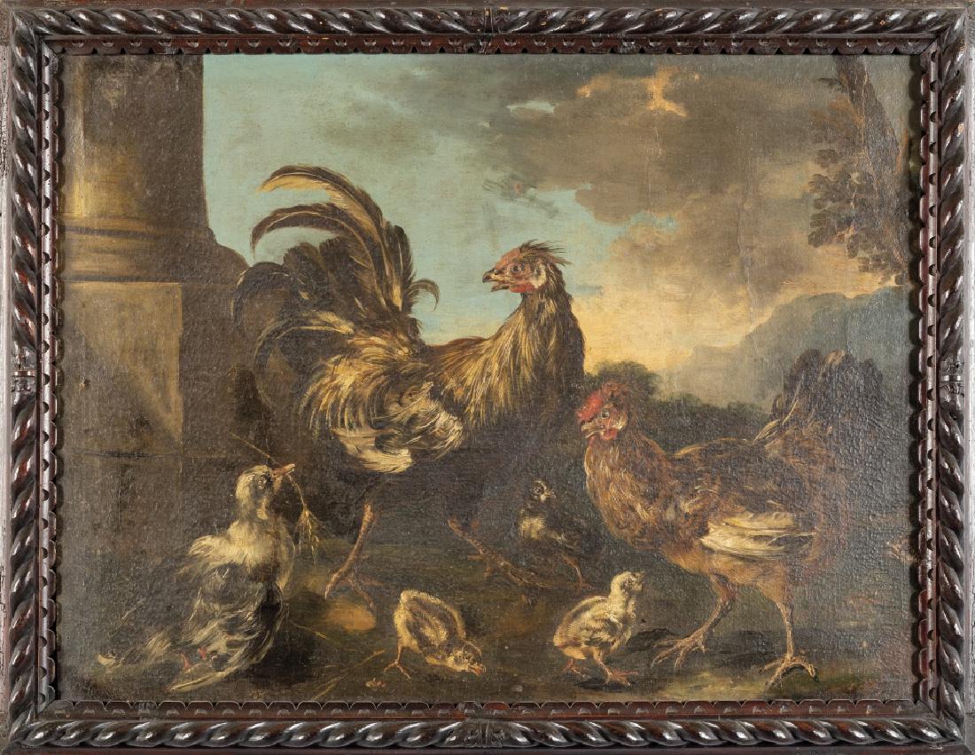 Angelo Maria CRIVELLI detto IL CRIVELLONE: Angelo Maria CRIVELLI detto IL CRIVELLONE (-1730) "Galli e galline in un paesaggio" olio cm. 93x70