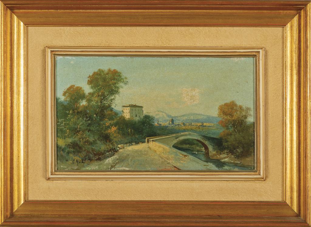 HENRY MARKO' (1855-1921) Veduta di: HENRY MARKO' (1855-1921) Veduta di Firenze olio cm.35x21 f.to in b. a ds.