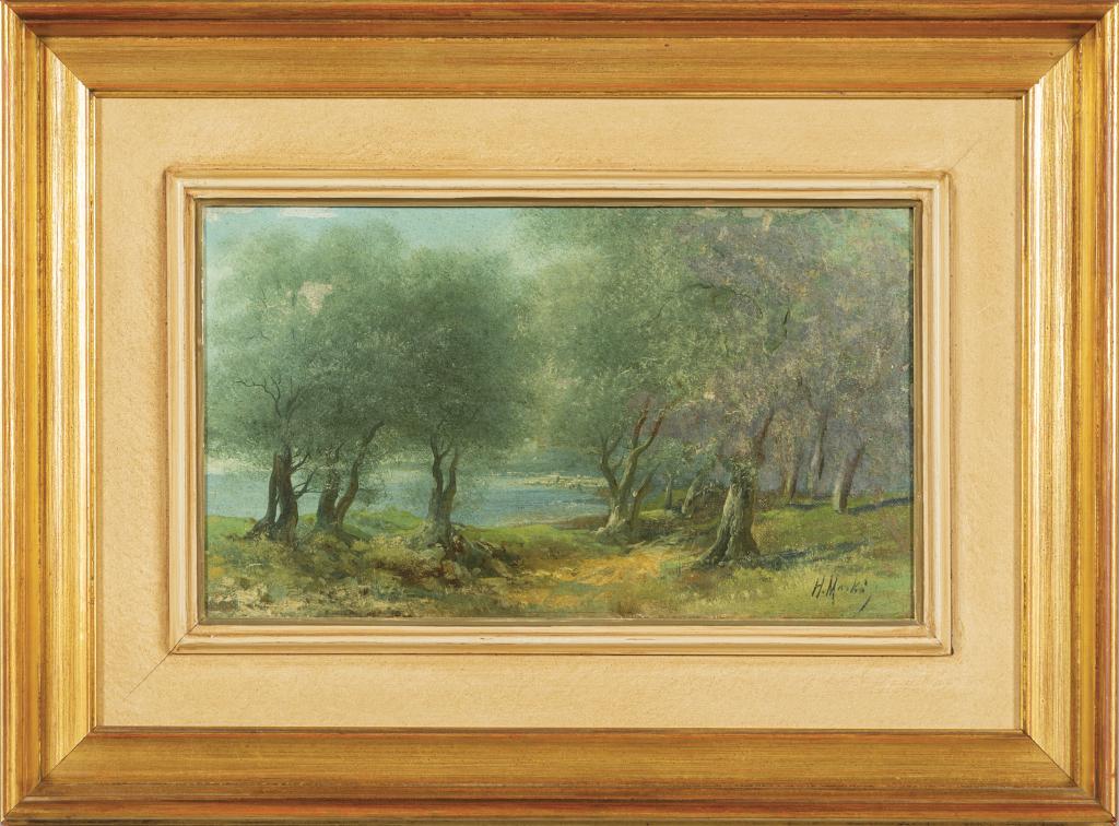 HENRY MARKO' (1855-1921) Paesaggio costiero: HENRY MARKO' (1855-1921) Paesaggio costiero con ulivi olio cm.35x21 f.to b. a ds.