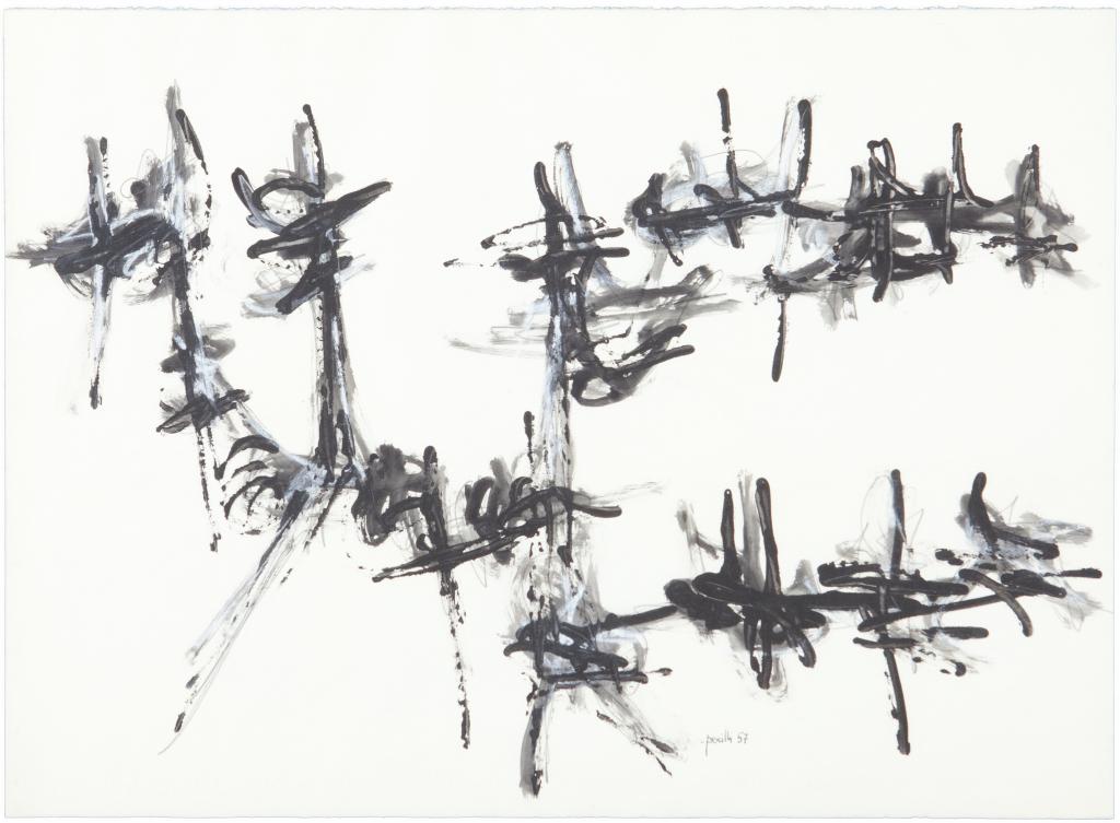 ACHILLE PERILLI (1927-) Senza titolo: ACHILLE PERILLI (1927-) Senza titolo 1957 tempera su carta cm 48,5x66 firmato e datato in basso a destra Untitled 1957 tempera on paper 19,09x25,98 in signed and dated lower right