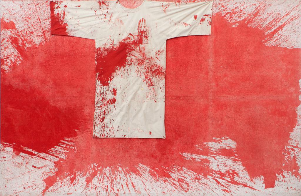 HERMANN NITSCH (1938-) Senza titolo: HERMANN NITSCH (1938-) Senza titolo 1984 camicia e idropittura su tela cm 191x281 firmato e datato sul retro sul retro: etichetta (sbiadita) della Galleria Franz Paludetto, Torino Untitled 1984 shirt