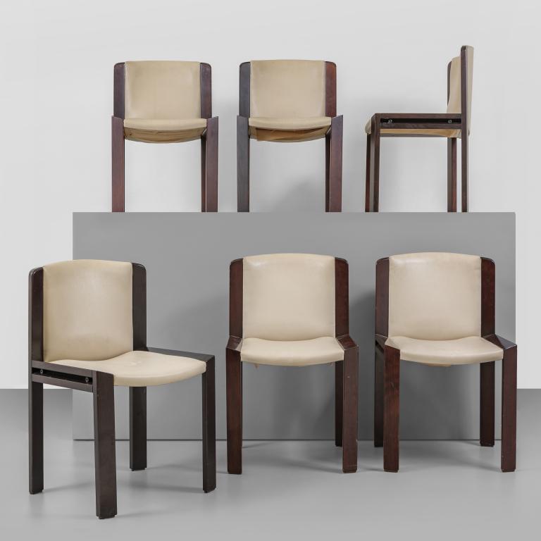 JOE COLOMBO Sei sedie mod. "300" per POZZI,: JOE COLOMBO Sei sedie mod. "300" per POZZI, 1966. Legno di palissandro, imbottiture rivestite in vinilpelle. Altezza cm 78, larghezza 48, profonditÃ 50. A set of six "300" chairs manufactured by PO