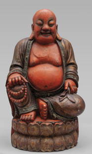 Budda, antica scultura in legno dorato e: Budda, antica scultura in legno dorato e policromato, Cina sec.XIX h.cm.67