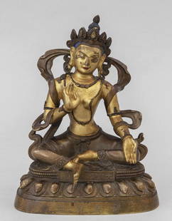 Scultura in bronzo raffigurante Bodhisattva: Scultura in bronzo raffigurante Bodhisattva seduto in abhaya mudra, marcato Da Qing Qianlong Nian Zhi "H", Cina dinastia Qing h.cm.16